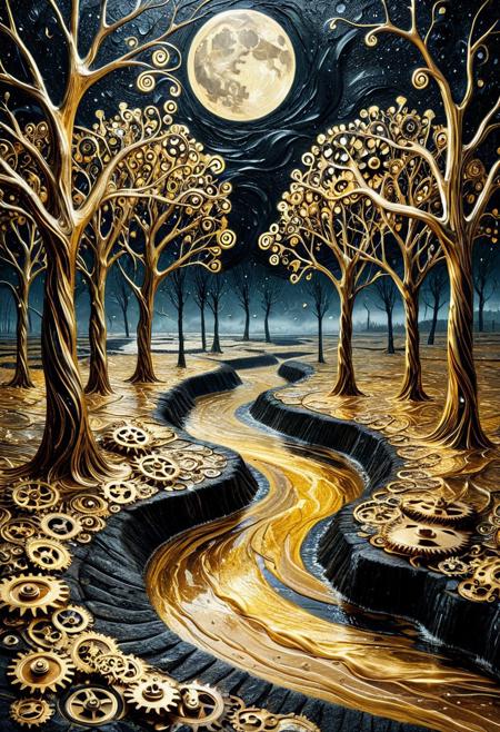 g3ars, 8k, Raw digital photo, natural lighting, surreal horror golden landscape in Van Gogh's swirling brushstrokes, twisted black night sky, river made of water drop, drops with distorted reflections of white crescent moon, made out of gears, twisted and screaming water drop trees, cracked ground, thick impasto oil textures, no people, oppressive atmosphere, post-impressionist nightmare, emotional intensity, 4K, detailed, full body, masterpiece, best quality, amazing quality, very aesthetic, made out of gears, professional, 4k, highly detailed, dark background, made out of gears