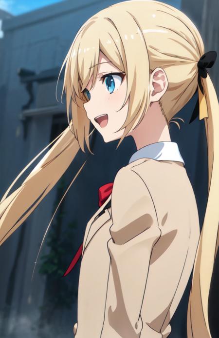 shindou_erina, very long hair, blonde hair, blue eyes, flat chest, twintails, school uniform, white shirt,  short sleeves, high waist skirt, miniskirt, black skirt, pleated skirt, red bowtie, x hair ornament, black hair bow, graceful, calm, tied with a bow at the nape of the neck shindou_erina, very long hair, blonde hair, blue eyes, flat chest, twintails, school uniform, beige blazer, miniskirt, black skirt,  pleated skirt,  red bowtie, red x hair ornament, black hair bow, graceful, calm, tied with a bow at the nape of the neck