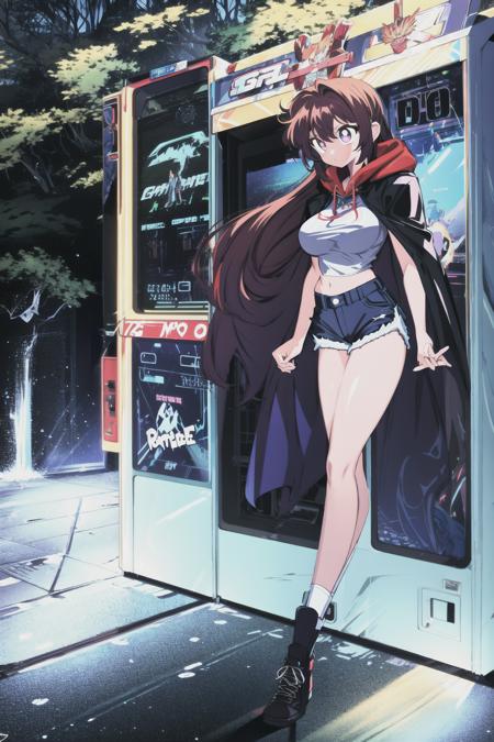 (arcade), (arcade cabinet), 1girl, solo, large breasts, short shorts, night, outdoors, forest, cloak, wide hips, white pupils, long hair, <lora:Arcade V1:0.6> <lora:1990sAnimeStyleLora_1:0.6>