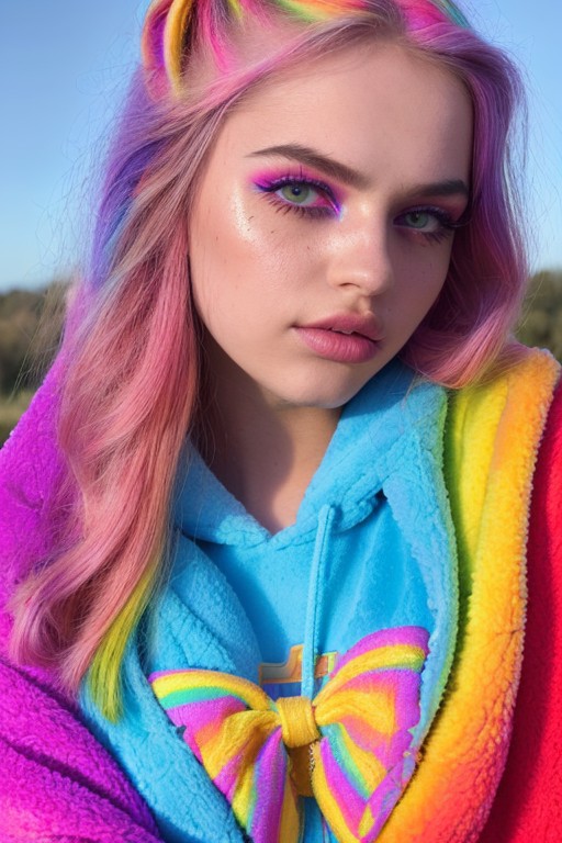 1girl, (teenager) egirl with gorgeous eyes, (huge covered breasts),  (colorful rainbow eye makeup), (bleached bright color...