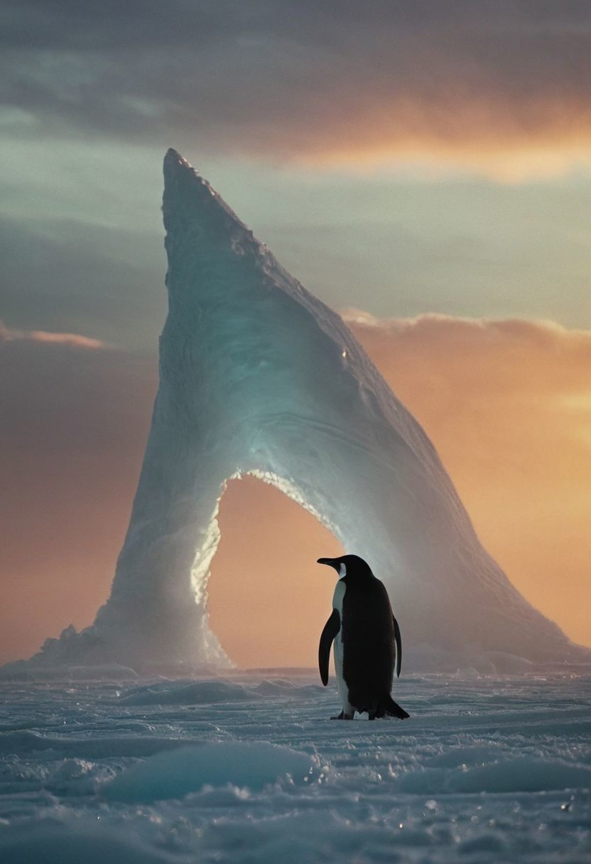 A plucked penguin stands on the last melting ice floe, whale sharks are visible and lurk until the last piece of ice is br...