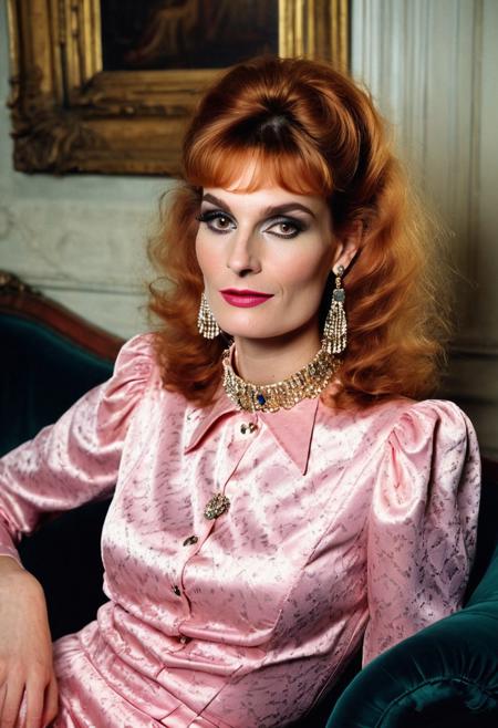 1boy,
A highly detailed best quality photography from the (year 1986:1.5) shows Catherine, a French (mature) femboy in a contemporary bar room. He leans lasciviously on a stylish chaise longue, half sitting, half lying down and looks at the viewer with a demeaning and arrogant smile on his face. 
The androgynous face of the Sissy with (narrow-set) wide open dark eyes, (long heavily crucked nose), (slim lower jaw), freckles and a (underbite) is (odd) but tells the interesting story of a live. The aged skin is wrinkled and shows agespots. The intricate wavy long ginger hair with (dark highlights) is elaborated. A heavy collar choker adornes the neck. He wears precious jewelry, Creole earrings and bangle bracelets. The decadent and extravagant (1980s style evening dress:1.5) results no cleavage because of a flat male chest.
The room is painted with gold and pink and has a minimalist furnishings in 1980s style. Wall lights create an intimate, subtle lighting atmosphere.