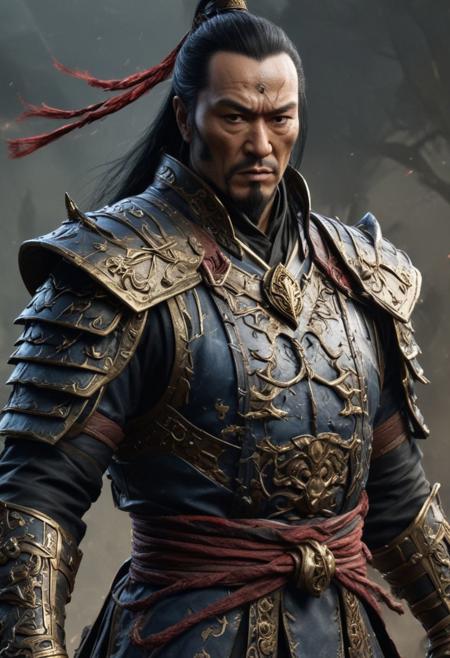 Medium shot, Low angle of SHANG TSUNG
the Scheming Sorcerer from Mortal Kombat as an ancient warrior, armour, in the style of  Aleksi Briclot, realist fine details, nostalgic  life depictions, , dynamic balance, close-up, contre jour, light background, midjourney v6 style