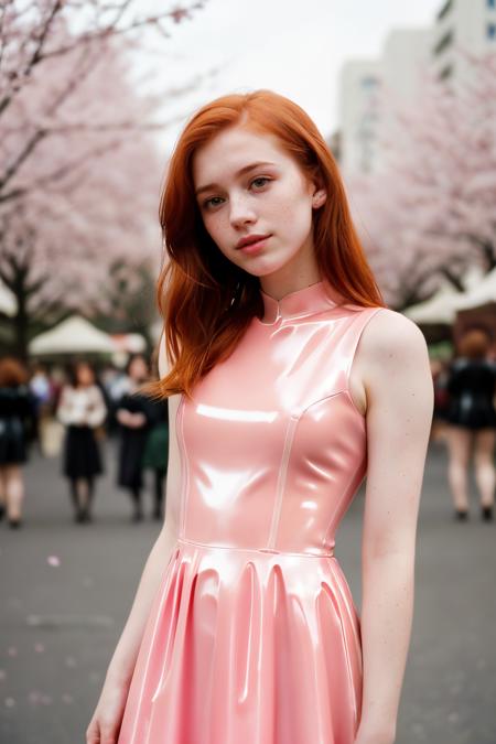 photograph of a cute girl, cute hairpin, ginger hair, pale skin, freckles, blush, (wearing a latex dress:1.4), <lora:bigHardLatex_v10:0.3>, innocent, city spring festival, sakura petals in the air, Porta 160 color, shot on ARRI ALEXA 65, bokeh, sharp focus on subject, shot by Don McCullin
