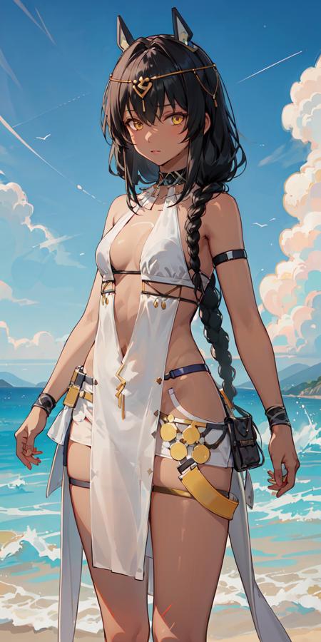 mauxir, white_revealing_clothes, pelvic_curtain, around_waist, headgear, hair_ornament, thigh_strap, arm_strap, choker, jewelry, see-through, glove, toeless_footwear, yellow_eyes, black_hair, twins_braid