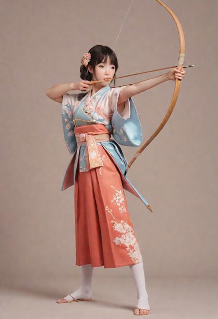 full body, 1girl,  aiming bow,japanese costume