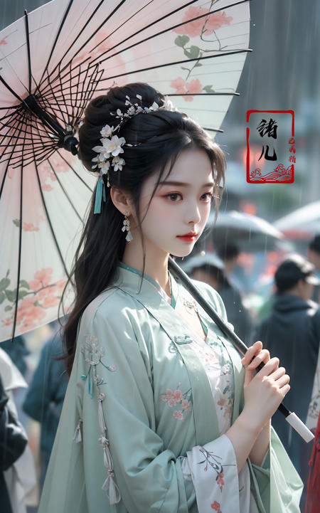 A woman holds a oil-paper umbrella on her shoulder to shelter from the rain as part of a fashion event in the style of Yue Xiaofei, light jade, ethereal dream, Tang Youhong, elegant, detailed design, dansaekhwa
Joil-paper umbrellachinese clothesholding umbrellarain
<lora:~Q?-ON-Noil paper umbrella:0.9>