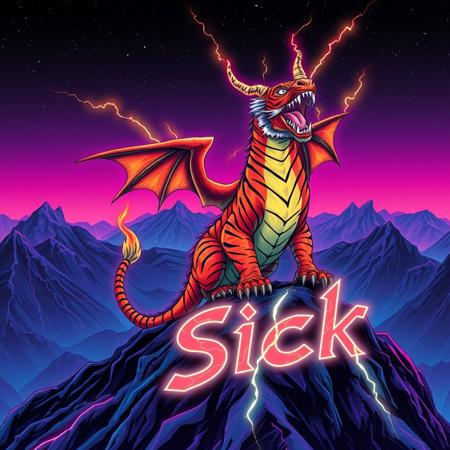 A tiger-striped dragon sitting on a mountain-top. Orange and black stripes.  Two horns.  Dragon Wings. Roaring.  Breathing fire.
Background mountains at night. Cosmic skyscape.  Synthwave colorscheme. Very realistic, fantasy illustration.
with the phrase "Sick" emblazoned in 3D, intricate, lightning patterns, with a predominantly neon colors,
