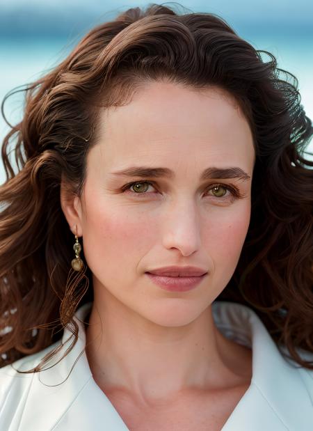 closeup portrait of skswoman, optimistic , wearing haute couture garments , with chestnut Choppy layers , background ocean epic (photo, studio lighting, hard light, sony a7, 50 mm, matte skin, pores, colors, hyperdetailed, hyperrealistic), <lyco:Andie MacDowellV2:1.2>