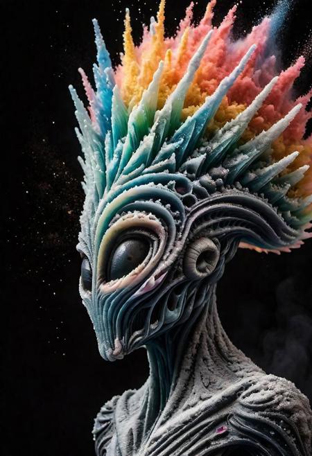 ultra detailed shot of a sculpture made of multi-colored marble in a female otherworldly alien's creature shape, morbid crown, full body zoomed, ((dust explosion)), side view, motion effects, ((shattering sculpture)), colorful dust, studio lights, deep black cracked background, ultra sharp focus, high speed shot, art by Mschiffer, soft colors,, professional make-up, mesmerizeBREAK, (8k:1.0), (hi res:1.0), (masterpiece:1.0), (best quality:1.0), (realistic:1.2), (ph0t0x2:1.0),