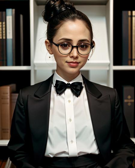 ChzElizaDushku, close-up, photo of 1girl as a strict librarian, glasses, slender figure, wearing edgdlf, black jacket, whisper-thin white silk shirt, (stern expression), hair in a sensible bun, library background, artistic composition, perfect shading, (detailed skin, perfect eyes), (photorealistic), (hyperdetailed:1.3), (masterpiece, best quality:1.5), edgdlf,