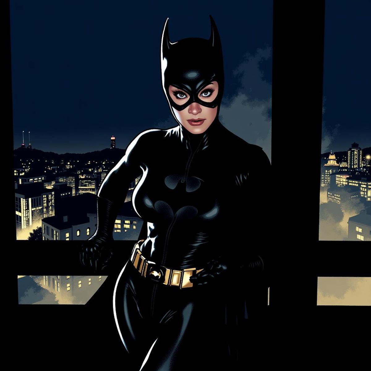 AdamHughesStyle, Batgirl, bodysuit, superhero, dramatic lighting, night, city landscape, looking at viewer, holding belt