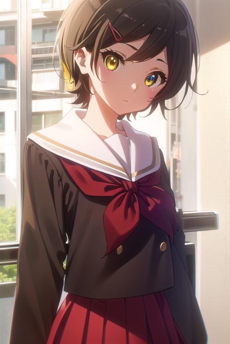 hazukikatou, <lora:hazuki katou s2-lora-nochekaiser:1>,
hazuki katou, short hair, brown hair, hair ornament, (yellow eyes:1.3), hairclip,
BREAK skirt, shirt, long sleeves, school uniform, pleated skirt, serafuku, neckerchief, (brown skirt:1.2), white sailor collar, (brown shirt:1.2), kitauji high school uniform, (red neckerchief:1.5),
BREAK indoors, classroom,
BREAK looking at viewer, (cowboy shot:1.5),
BREAK <lyco:GoodHands-beta2:1>, (masterpiece:1.2), best quality, high resolution, unity 8k wallpaper, (illustration:0.8), (beautiful detailed eyes:1.6), extremely detailed face, perfect lighting, extremely detailed CG, (perfect hands, perfect anatomy),