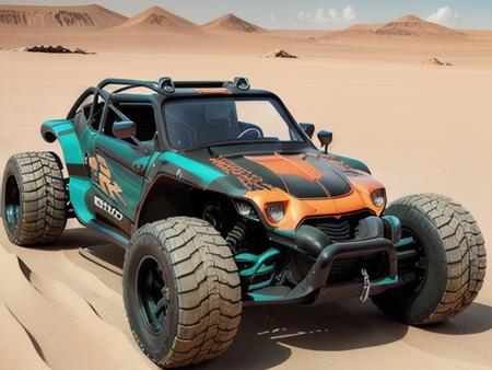cyberpunk (((dune buggy muscle car zeekars))), wide tires, in a desert, <lora:zeekars:0.65>