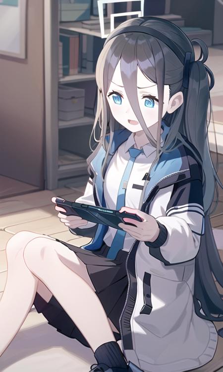 (masterpiece, best quality, highres), 
<lora:aris_v02:0.7>, aris tendou, aris tendou \(millennium unifrom\), hair between eyes, very long hair,sitting, holding, one side up, closed mouth, indoors, playing games, on floor, handheld game console, halo, open mouth, looking down,