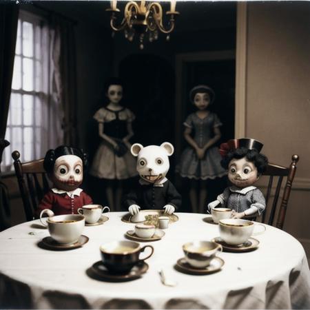 ((realistic)), <lora:UnsettlingImages:0.7>, UnsettlingImages, creepy, old photo of old dolls having a tea party, found footage, wearing masks, highly detailed, ((complex background)), subsurface scattering, film still, Film-like, insanely detailed, volumetric lighting,