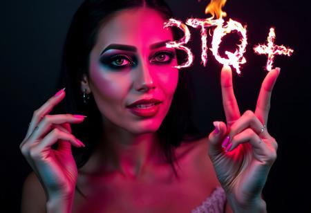 A 41yo transgender girl with black makeup and pink nails, looking like she just failed something, shaking her head, drawing the letters "LGBTQ+" using flamess, in the air, with a finger, photo by helmut newton