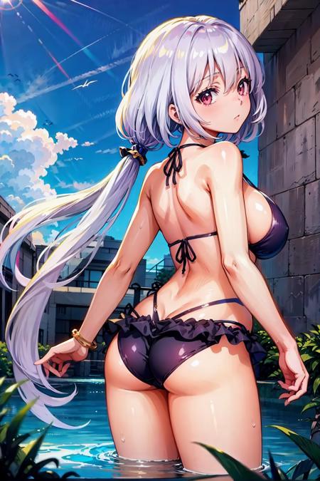 original outfit, 1girl,  very long hair, low twintails, solo,  (swimsuit, bikini), ass, breasts, looking at viewer, outdoors, black bikini, sky, blue sky, back, looking back, day, large breasts<lora:solasu:1>