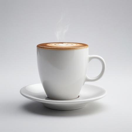 Hyperrealistic picture of a cup of coffee on a White background, side view, soft lights, highly detailed, high quality photography, 8k