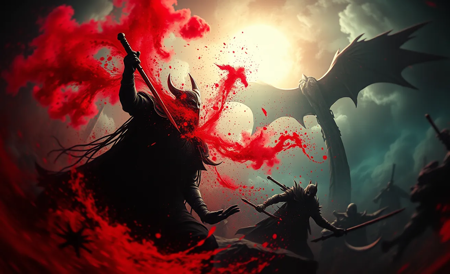 Epic dark fantasy vibrantly colored hyperdetailed ink art depicting legendary defiance against impossible odds. Strong top lighting effect. Volumetric lighting. Chiaroscuro oil painting by Caravaggio. Vivid red powder. Deep glow effect, cinematic light bloom, cinematic lens flare. Grimdark, gritty, intense, volatile. Hypermaximalism. Motion blur. Full-frame fisheye lens. 32K cinematic hyperrealistic fantasy ultradetailed masterpiece. 