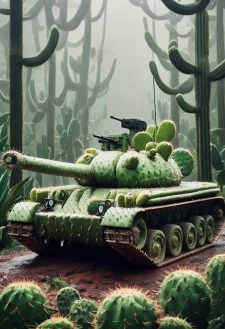 Product photo, A tank made out cactus, in a rainforest, raining, detailed,, film grain, polaroid photo