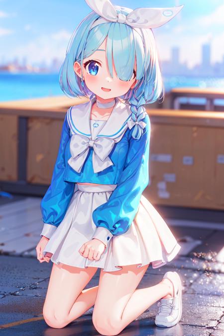 Arona,1girl,solo,shoes,white footwear,braid,blue shirt,serafuku,long sleeves,white sailor collar,hairband,white choker,bangs,smile,single braid,white half skirt,bow hairband,<lora:Arona_åç½å¨:0.8>,cityscape,Skyscraper,kneeling,, (masterpiece), (best quality), HDR, intricate detail,