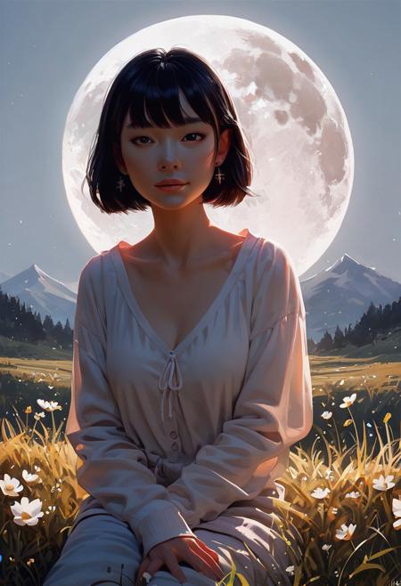 score_9, score_8_up, score_8_up, Asian, 1 Asian girl, black hair, bangs, top of a mountain, night, moon, moonlight cascading over her, posing cute, sfw, portrait, looking out over valley, ((streetwear)), (sitting down on grass, hugging her child, cute), fit body, thin waists, beautiful, moon lighting, negative_hand, g0thicPXL, GTA