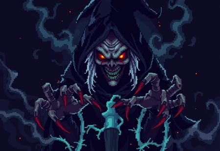 16-bit pixel art of an evil witch with sharp features, dark tattered cloak, glowing red eyes, crooked fingers, surrounded by dark magical aura, ominous and menacing atmosphere
