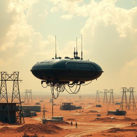 ultra high resolution, masterpiece, best quality, small featureless glossy black  spacecraft with a textured surface hovering low to the ground, underneath the spacecraft are cables hoses and wires, antennas on top, cables hanging from below, rectangular in shape, futuristic world, post apocalyptic landscape, ((low concrete buildings:1.3)) anti gravity, in the atmosphere, sky, clouds, ground visible, hovering, dry, ((dusty)), bleak landscape, parched, orange light, sunlight, square shapes, bleached colors, scattered destroyed industrial buildings, powerlines and towers