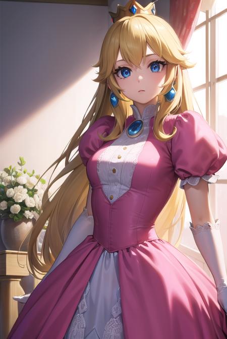 princess peach, blonde hair, blue eyes, long hair, crown, dress, gem, gloves, pink dress, puffy short sleeves, puffy sleeves, short sleeves, white gloves,