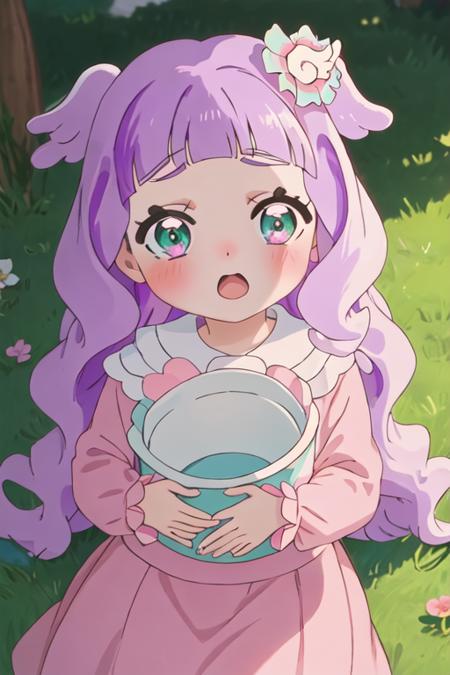 best quality, masterpiece, highres, solo, {eruchiyan_hirogaruskyprecure:1.15}, purple_hair, bangs, hair_ornament, green_eyes, blunt_bangs, open_mouth, blush, pink_hair, long_hair, multiple_girls, 2girls, hair_flower, 1girl, looking_at_viewer, long_sleeves, symbol_in_eye, dress, flower