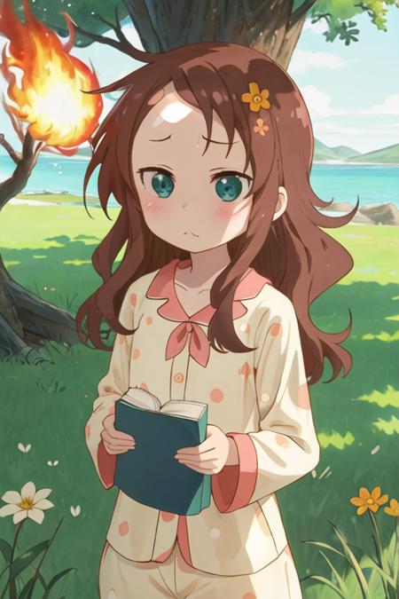 best quality, masterpiece, highres, solo, {riko_saikawa_kobayashisanchinomaidragon:1.15}, brown_hair, blush, long_hair, green_eyes, hair_ornament, flower, hair_flower, 1girl, bangs, closed_mouth, day, grass, outdoors, tree, upper_body, blue_eyes, forehead, campfire, collarbone, fire, pajamas, parted_bangs, rock