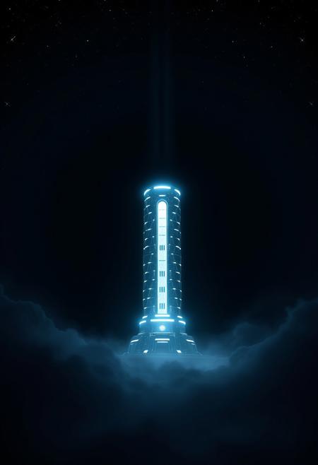 High-contrast, low-key lighting illuminates an ethereal, spiritual futuristic cylindrical space colony. A light aura surrounds it against a backdrop of stars and a black hole, creating a mystical, dramatic effect.