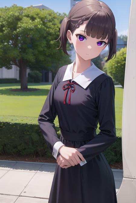 makishijou, <lyco:makishijou-lyco-nochekaiser:1>,
maki shijou, bangs, blunt bangs, (purple eyes:1.1), twintails, two side up, braid, short twintails,
BREAK long sleeves, dress, ribbon, school uniform, black dress, red ribbon, neck ribbon, collared dress, shuuchiin academy school uniform,
BREAK outdoors,
BREAK looking at viewer, (cowboy shot:1.5),
BREAK <lyco:GoodHands-beta2:1>, (masterpiece:1.2), best quality, high resolution, unity 8k wallpaper, (illustration:0.8), (beautiful detailed eyes:1.6), extremely detailed face, perfect lighting, extremely detailed CG, (perfect hands, perfect anatomy),