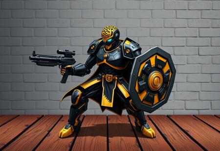 A heroic Cyborg Doctor, its striking black and gold form accented by a vibrant helmet tiger-like pattern. Poised in a Dynamic Action Pose on a distressed wooden surface, facing a textural gray brick wall. It holds a powerful gun and a sturdy shield, head sharply turned left with an alert posture, surveying the scene. Stylized with Splash Ink Illustration, Grammer Effect Style, Handcrafted with Precision, Sharp Lines and Brush Strokes, Stunning Colors, Harmonious Colors, Multi Colored, Contemporary Aesthetics. Beautiful Matte Painting as the Attractive Background. CGSociety, Artstation Trending on ArtstationHQ, Balanced Editing, Impeccable Composition, Creative Angle, Vivid Emotions, Joyful Impact, Powerful Message, Beautiful Detailed Eyes, trending on artstation, Golden Ratio.