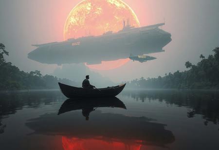 A hyperrealistic cinematic photograph, resembling a shot taken with a state-of-the-art cinema camera, captures a serene moment on a lush, verdant planet within the Warhammer 40K universe. In the foreground, a small, Viking-style boat, constructed from almost black, highly detailed wooden planks, floats gently on a smooth, mirror-like river that perfectly reflects the surrounding environment. Seated in the boat are a man and his son, their silhouettes visible against the backdrop as they gaze skyward. The scene is illuminated solely by the crimson glow of a massive red giant gas planet overhead. Dominating the sky is a colossal Lunar Wolves battleship, its immense silhouette partially obscuring the gas giant, extending beyond the frame of the image. Closer to the ground, a second ship flies low, emblazoned with a giant, glowing "BUZZ" on its hull. The composition emphasizes the contrast between the tranquil, natural setting and the imposing, futuristic spacecraft, creating a poignant juxtaposition. The image is rendered in ultra-high detail, capturing the intricate textures of the boat's wood, the stillness of the water, and the atmospheric lighting, evoking a sense of awe and wonder. Eye-level shot, approximately 20 cm above the waterline, emulating the perspective of a handheld cinema camera. 