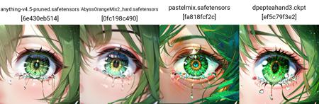 masterpiece, best quality, depth of field, 1girl, <lora:LoraEyes:0.7>, loraeyes, eye focus, close-up, crying, green hair, jewel, star eyes, green, forest,