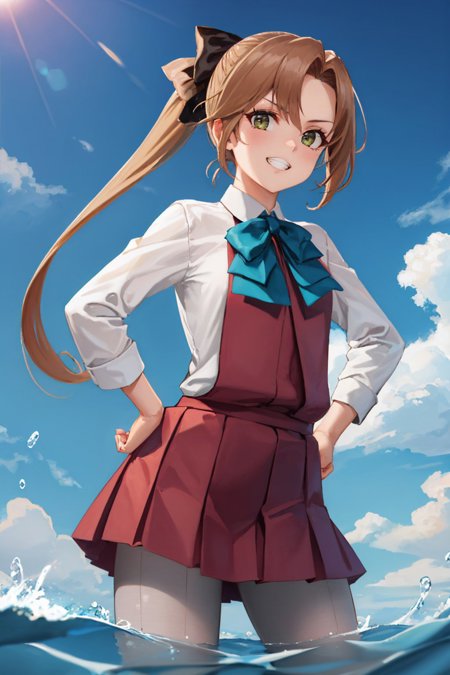 akigumo ponytail hair ribbon school uniform shirt bow skirt grey pantyhose