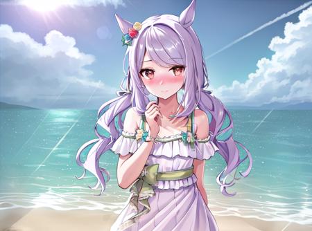 (masterpiece:1.2), (best quality:1.2), (highly detailed:1.2),(highres),horse ears,standing, dress tug, blush, sparkle, lens flare, ray tracing, beach, ocean, cloud, beautiful detailed sky, in summer