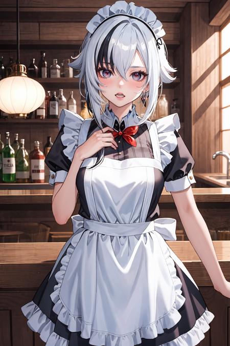 1girl, arlecchino \(genshin impact\), maid, maid headdress, maid apron, embarrassed, open mouth, blush, light frown, looking at viewer, cowboy shot, bar \(place\), indoors, depth of field