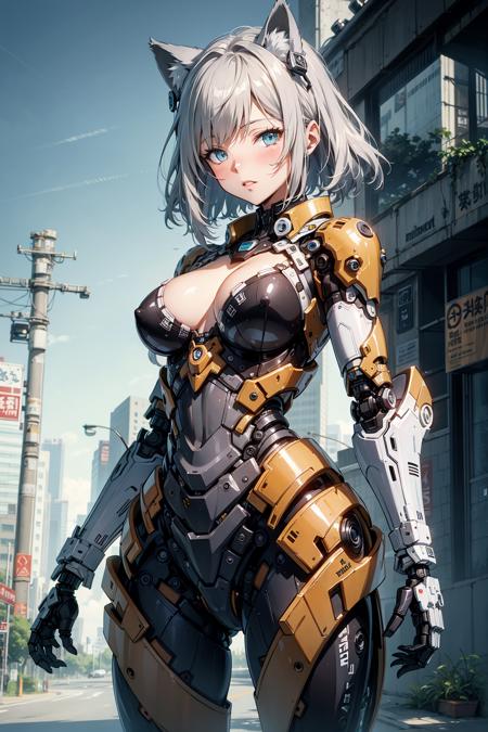 masterpiece,best quality,ultra-detailed, , 1girl,solo,, grey theme, mecha musume, mechanical parts,robot joints, blush,standing,cowboy shot, cat ears,sakamata,
<lora:mecha_v1:0.64>