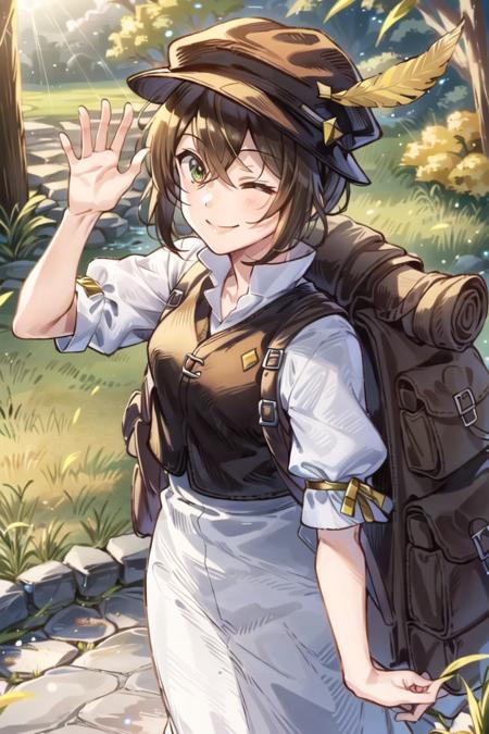 <lora:Tressa:0.8>, tressa, 1girl, outside, backpack, smile, sunshine, stretched out waving, eyes closed, hat feather, masterpiece, best quality,