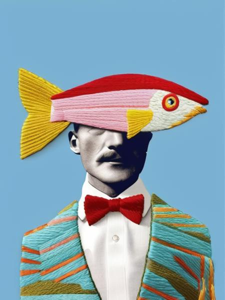 gucci fashion editorial style of a   a fish wearing a hat and a suit with a tie and a bow tie on it's head and eyes on a blue background ,  embroidery_on_photo : 1.4 , pale skin,  floral organic dreamy, <lora:embroidery_on_photo:1.6> ,   high fashion, trendy, stylish, editorial, magazine style, professional, highly detailed