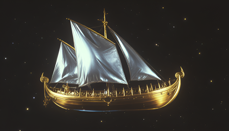 ArsMovieStill, 80s Fantasy Movie Still, a golden barge with silver mirrored sails floating in space. The stars are colored lights on a black backdrop.