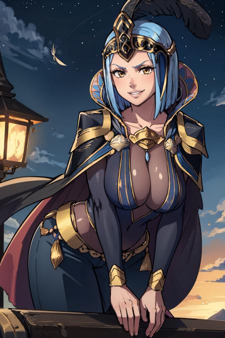 masterpiece, best quality, arete, feather, helmet, cape, leotard, cleavage, pants, huge breasts, cowboy shot, leaning forward, looking at viewer, furrowed brow, smile, teeth, sky, night, castle <lora:arete-nvwls-v1-000010:1>