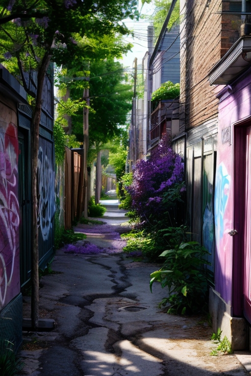 The alleyway is lined with purple flowers and graffiti.