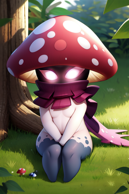 nightcap_pvzbfn, solo, no humans, no mouth, colored skin, mushroom, pink eyes, glowing eyes