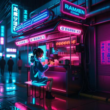 Neon noir   <lora:World_of_Glass_Filament:1> w0gf1l, neon, cybernetic, (ultra-detailed illustration), (neon dreams aesthetic), futuristic Tokyo alley, glowing ramen stand under pink and blue lights, rainy pavement reflecting signage, lone girl in transparent raincoat eating noodles, steam swirling in vibrant air, dreamy cyberpunk atmosphere, (night scene), cinematic lighting, moody composition . Cyberpunk, dark, rainy streets, neon signs, high contrast, low light, vibrant, highly detailed