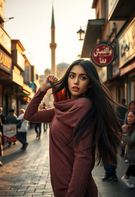 The young woman stands defiantly in the middle of a bustling street, her beauty radiant. As she pulls off her hijab, her long, dark hair flows in the breeze, reflecting the sunlight. Her striking features—high cheekbones, full lips, and deep brown eyes—capture both strength and vulnerability. Persian and Arabic shop signs line the street, their elegant script glowing under the fading sunlight. The silhouette of a mosque rises in the background, its minaret casting a long shadow over the scene. Onlookers watch, some with awe, others with fear, as the morality police close in. The sound of distant calls to prayer blend with the hum of the city, but all eyes are on her, a symbol of freedom against repression.