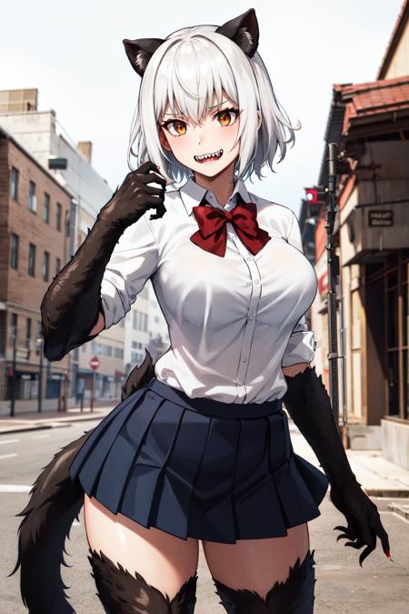 masterpiece, best quality, highres, 1girl, solo, animal ears, white hair, short hair, brown eyes, tail, large breasts, school uniform, white shirt, skirt, bowtie, red bow, <lora:uzaki_hitomi_v1:0.6>, standing, cowboy shot, monster girl, sharp teeth, black fur, animal hands, ruins, building,